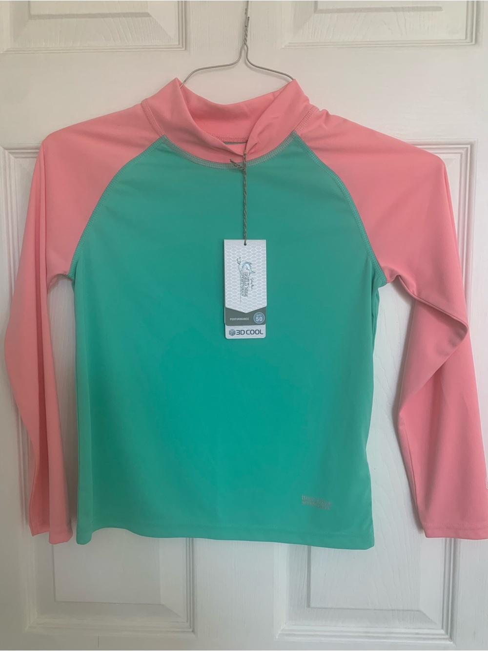 Kids 2-Tone Pink & Teal Long Sleeve Swim Rash Guard size M.